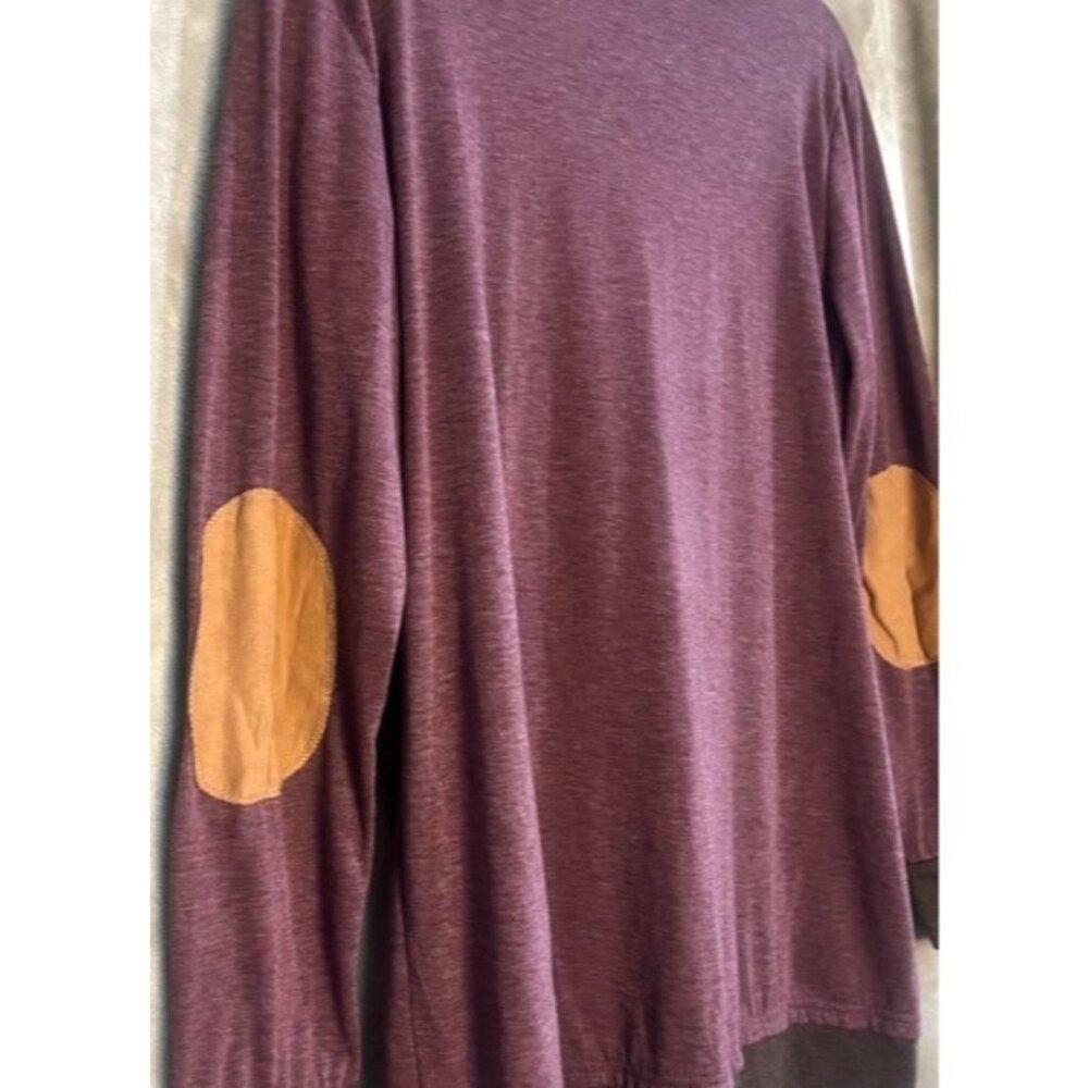 Womens Long Sleeve Cowl Neck Scarf Top Purple Plum Brown Heathered Elbow Patch - Picture 10 of 11